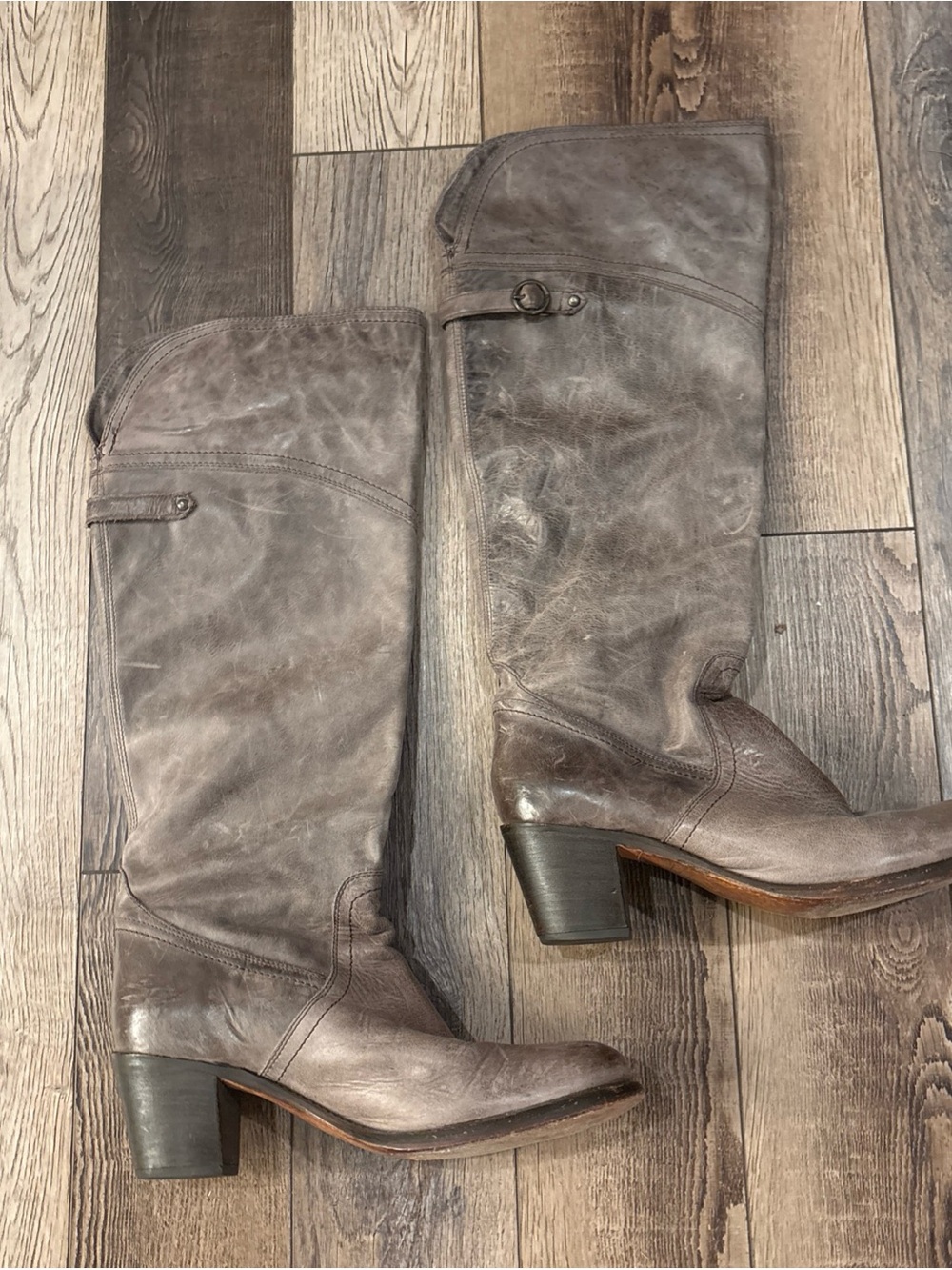 Frye Jane Leather Tall Cuff Boots Women 11 B Distressed Taupe Color